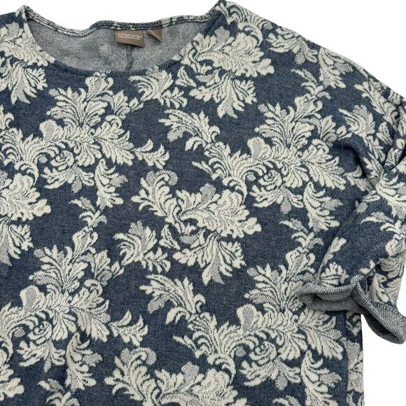 Chicos 3/XL 3/4 tab sleeve‎ pullover tunic tight knit sweater blue white pattern - Picture 1 of 8